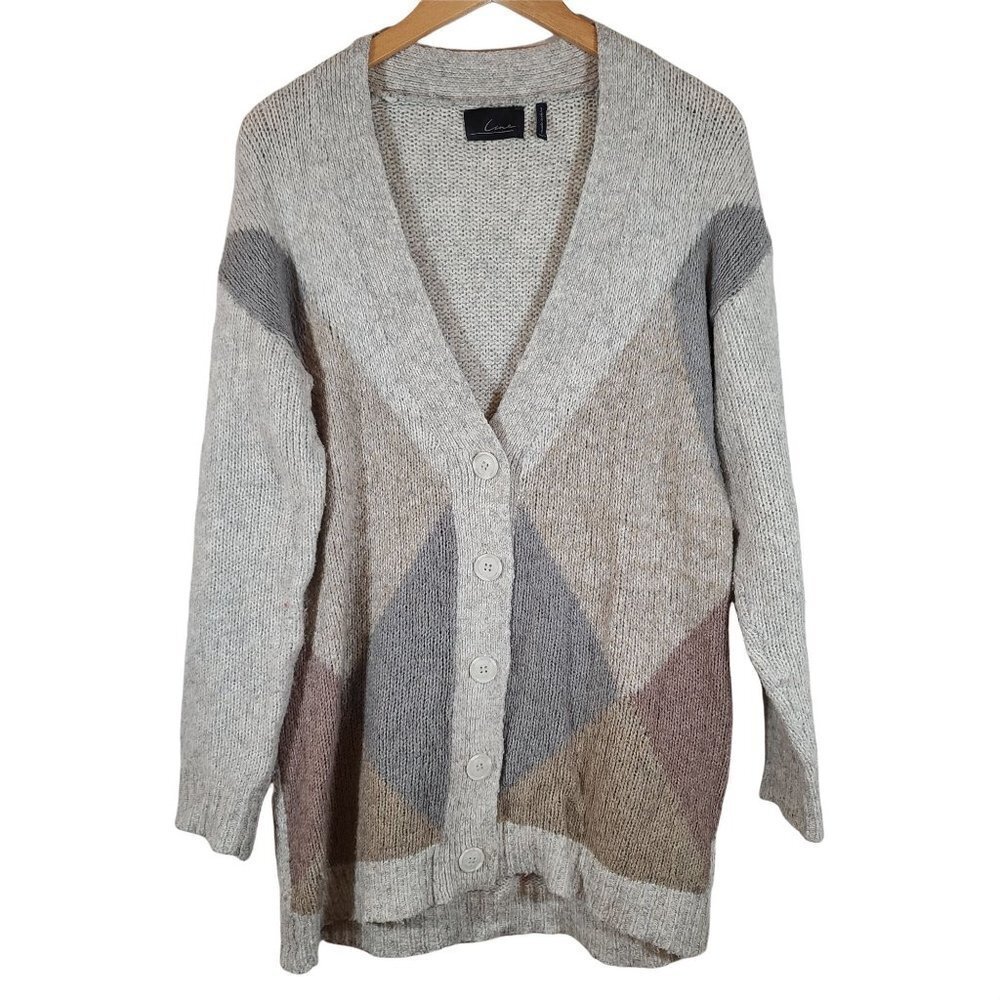 Line The Label Argyle Gray Multi Color Long Line Button Front Cardigan Cozy S‎